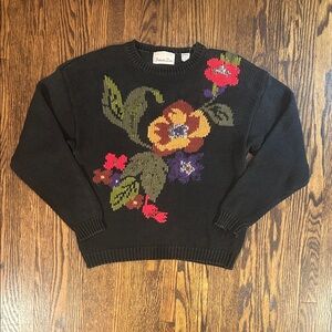Vintage 90s Ramie Blend Floral Embroidered Knit Sweater